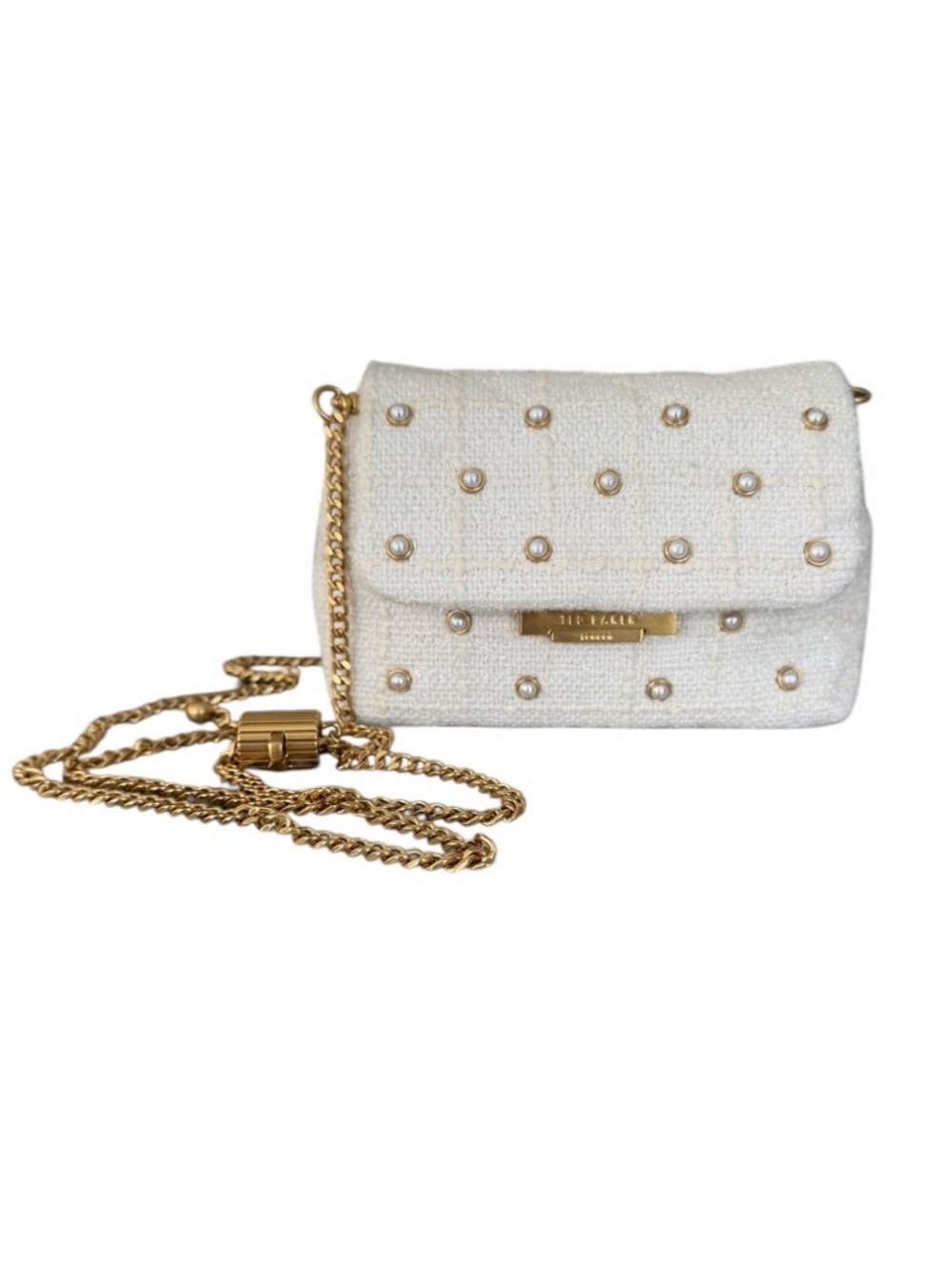 Ted Baker White Tweed Pearl Stud Accent Gold Chain Crossbody Clutch Bag